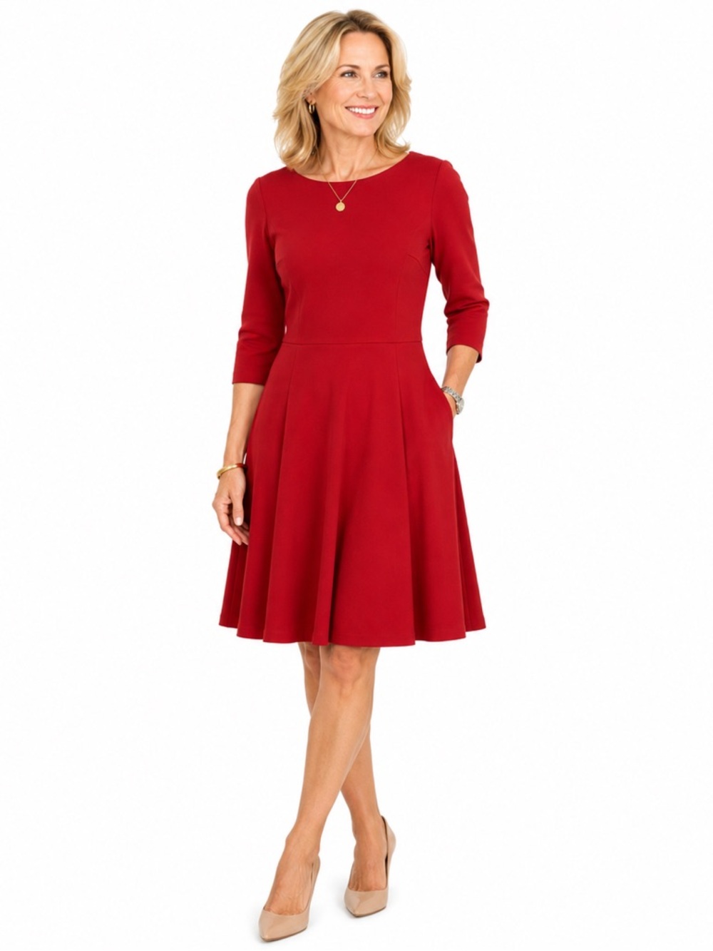 Kate Spade Womens Fit & Flare Dress Size S Red Round Neck Zip 3/4 Sleeve